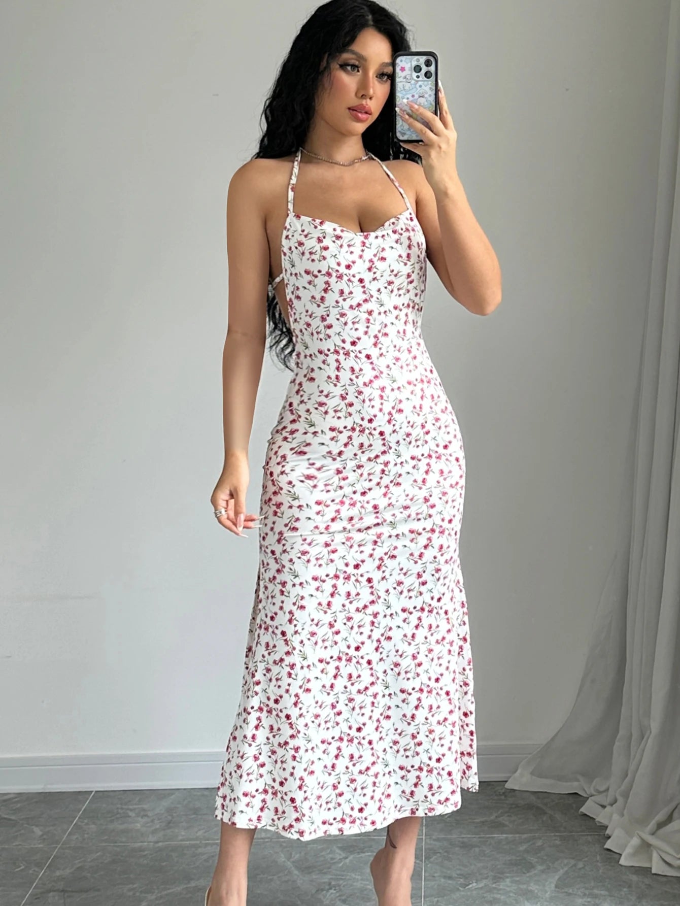 Sleeveless Halter Neck Floral Print Midi