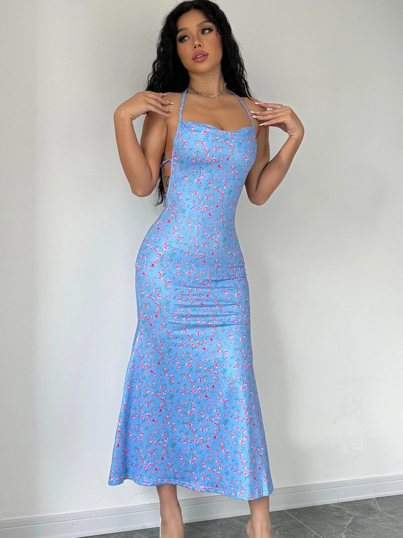 Sleeveless Halter Neck Floral Print Midi