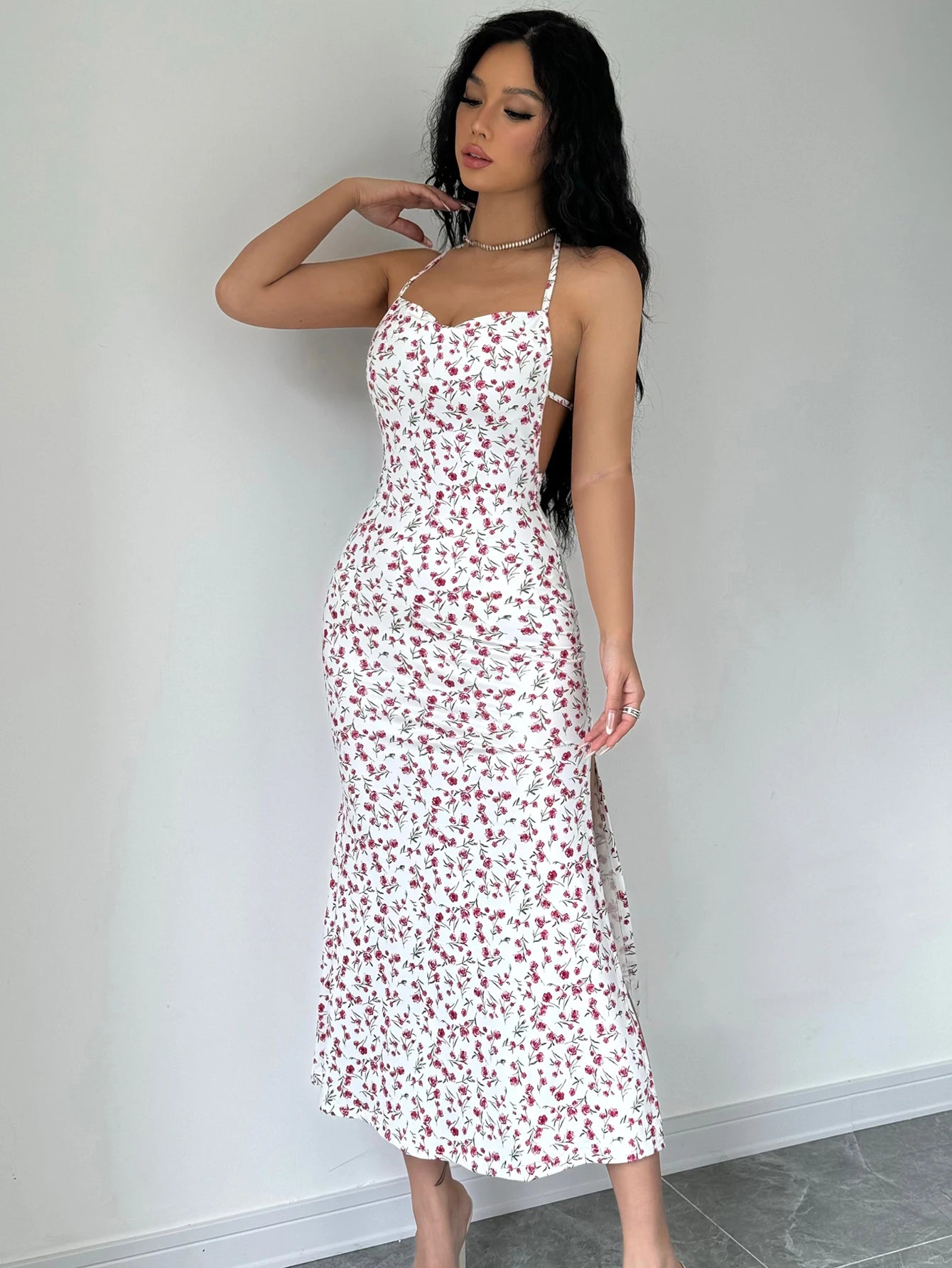 Sleeveless Halter Neck Floral Print Midi
