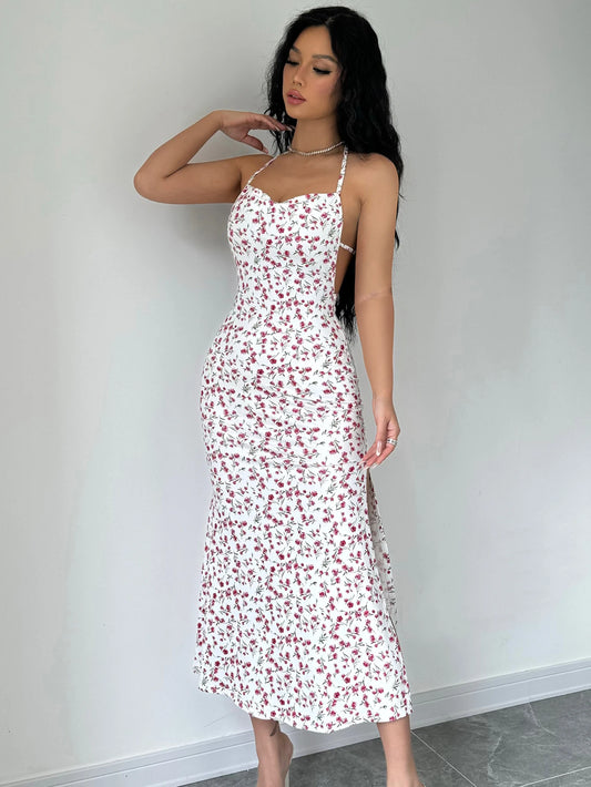 Sleeveless Halter Neck Floral Print Midi