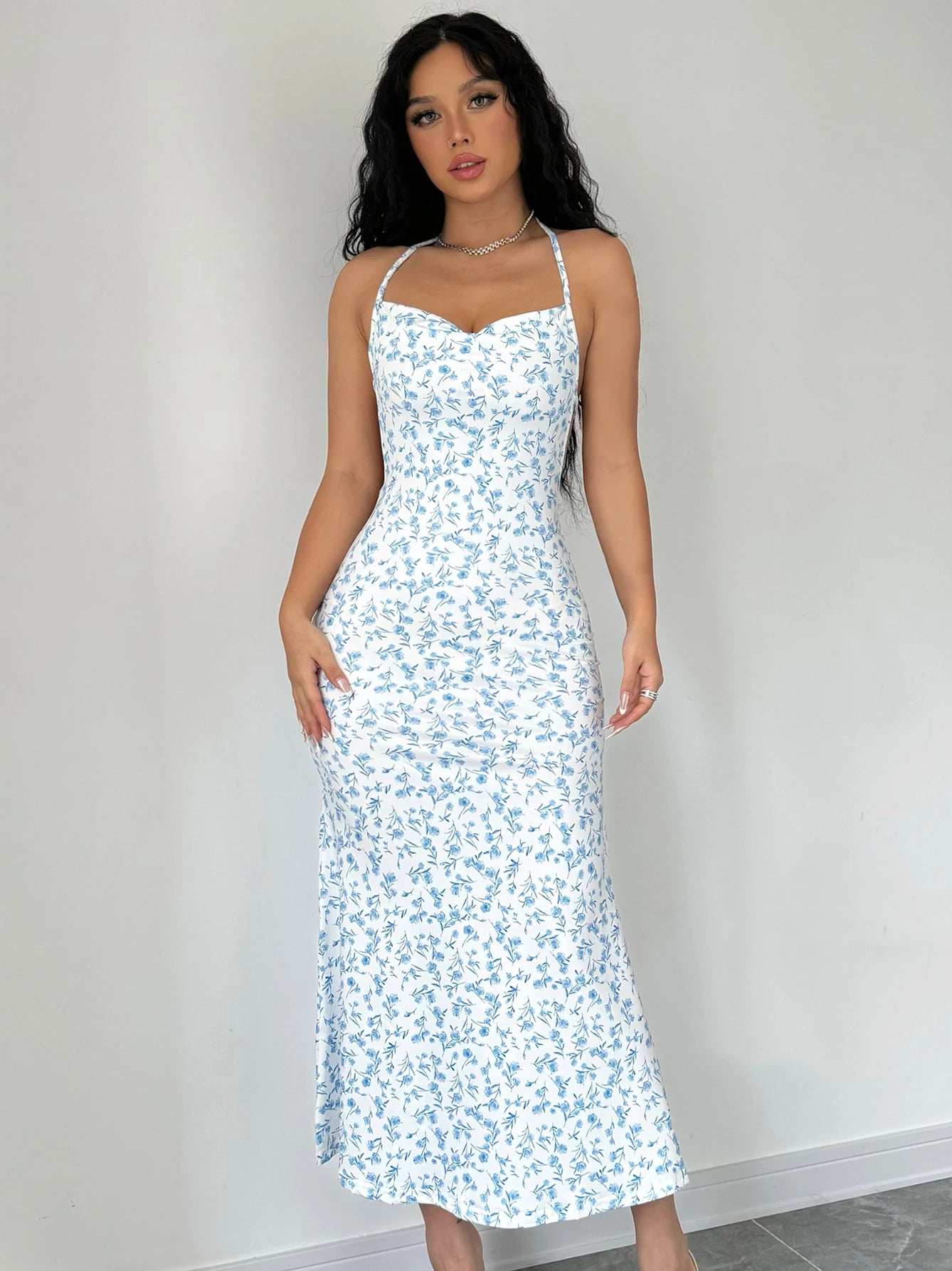 Sleeveless Halter Neck Floral Print Midi