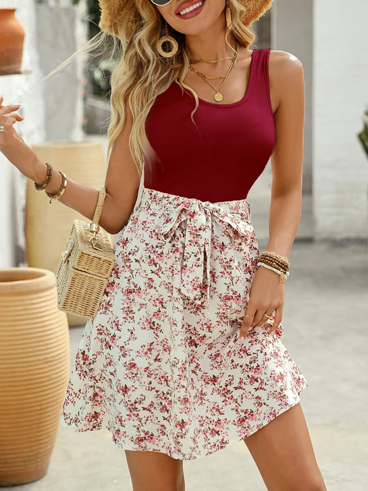Elegant Lace-up Sleeveless Floral Dress