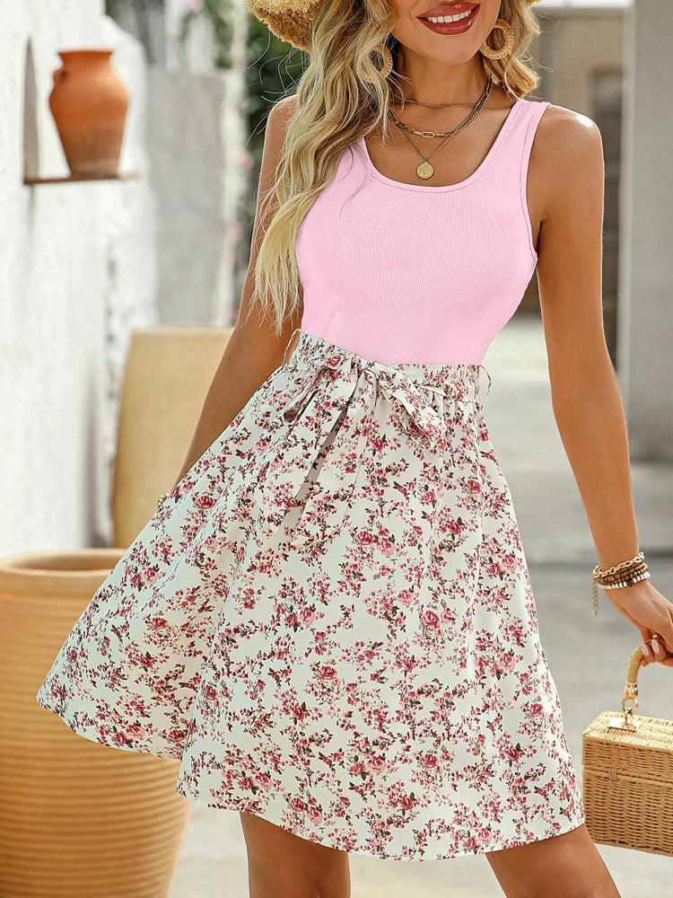 Elegant Lace-up Sleeveless Floral Dress