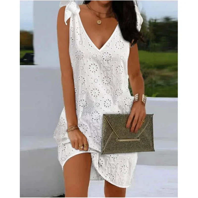 V Neck Embroidered Mid Thigh Summer Dress