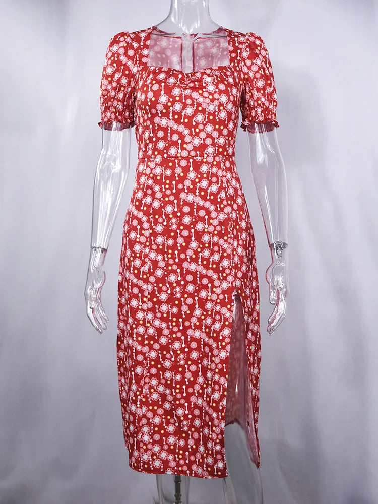 Puff Sleeve Knee length Floral Dress
